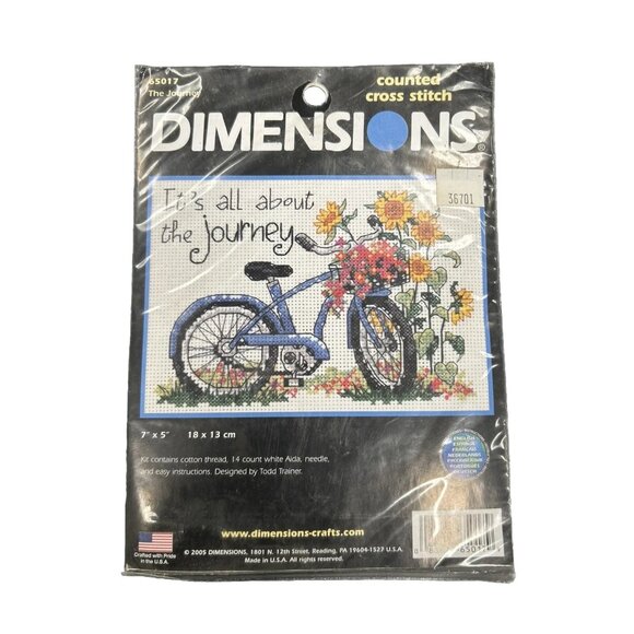 Dimensions Cross Stitch Kit "The Journey" 65017 Bike & Flowers Open Bag 7"x 5" - Picture 2 of 3